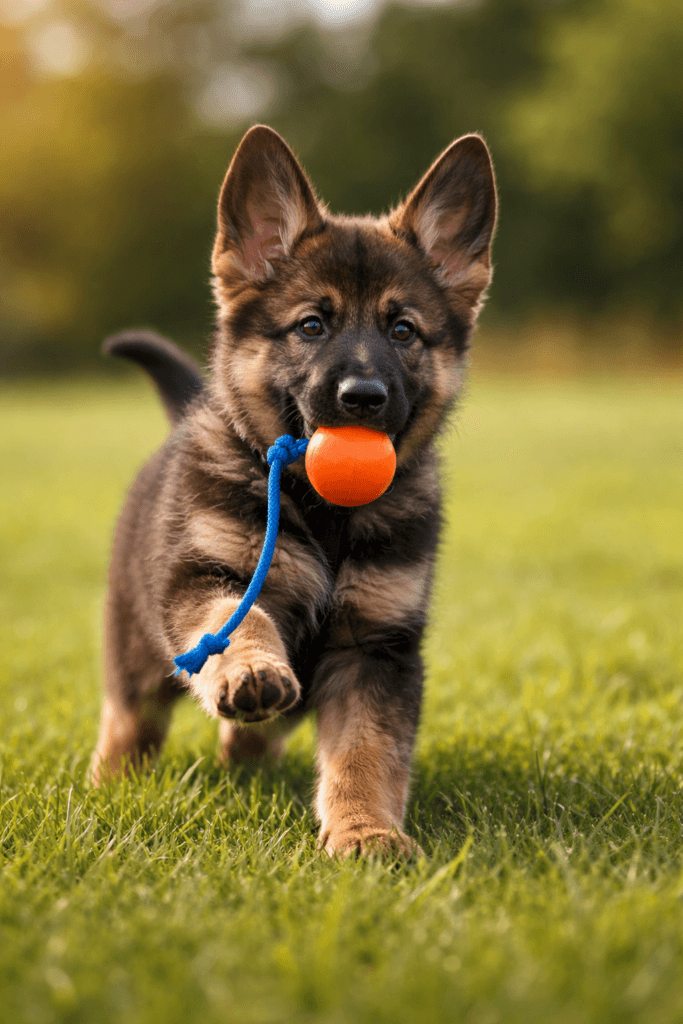German Shepherd puppy playing in a field in Maine